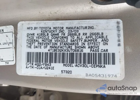 2003 Toyota Camry Le из США, поврежденный, VIN 4T1BE32KX3U706816